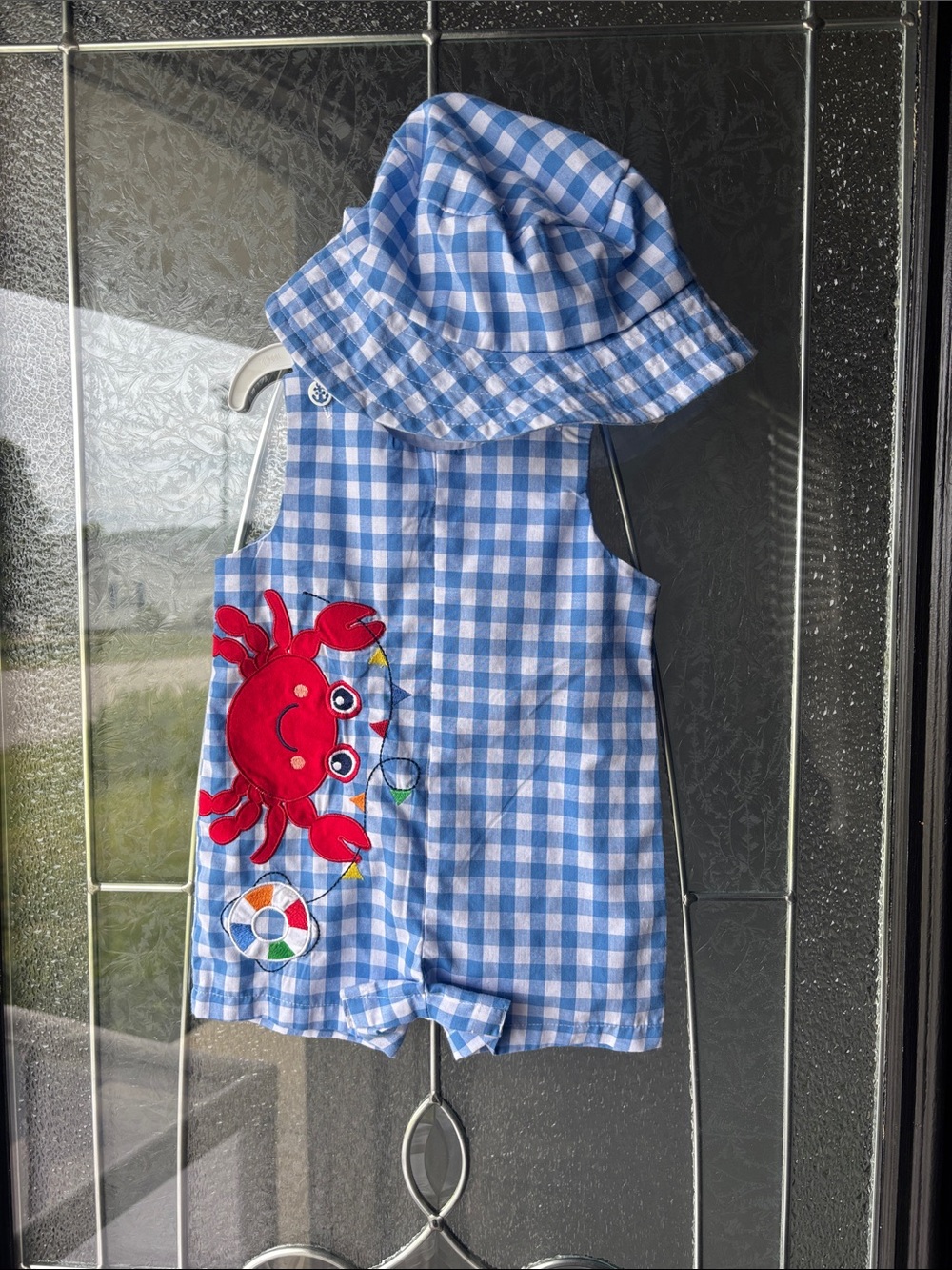 Baby Essentials Blue Gingham Romper with Red Crab Applique and Matching Hat
